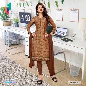Dark Brown Women's Premium Silk Crepe Pochampalli Print Workers Uniform Salwar Kameez