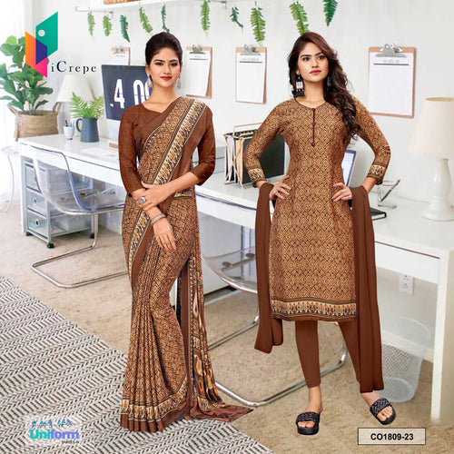Dark Brown Women's Premium Silk Crepe Pochampalli Print Workers Uniform Saree Salwar Combo