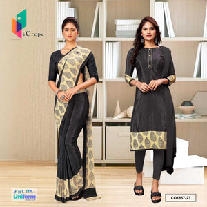 Dark Gray Women's Premium Italian Silk Fancy Print Uniform Saree Salwar Combo for Hospitals