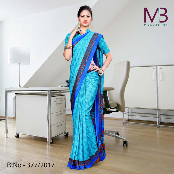 Blue With Dark Blue Border Mulberry Silk Uniform Saree