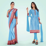 Aqua Green and Crimson Pink Women's Premium Silk Chiffon Small Butty College Uniform Saree Salwar Combo