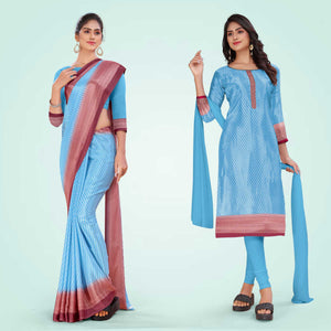 Sky Blue and Crimson Pink Women's Premium Silk Chiffon Small Butty School Uniform Saree Salwar Combo