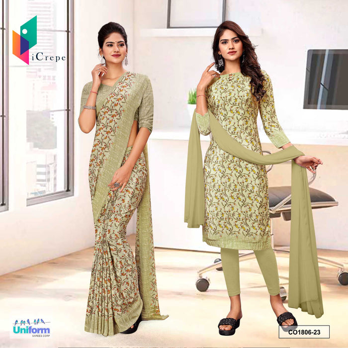 Dusty Olive Women's Premium Italian Silk Paisley Print Front Office Uniform Saree Salwar Combo