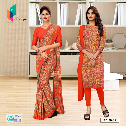 Dusty Orange Women's Premium Italian Silk Paisley Print Uniform Saree Salwar Combo for Office Staff