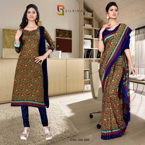 Navy Blue Multi Color Women's Premium Silk Georgette Paisley Print Hospital Uniform Sarees Salwar Combo