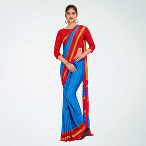 Royal Blue and Red Women's Premium Italian Silk Reliance Gems Jewellery Store Uniform Sarees With Blouse Piece