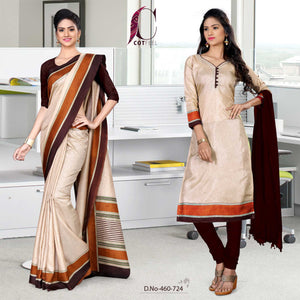 Beige and Coffee Women's Premium Manipuri Cotton Plain Gala Border Nurse Uniform Sarees Salwar Combo