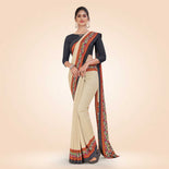 Beige and Navy Blue Women's Premium Manipuri Cotton Plain Gaala Border Showroom Uniform Saree