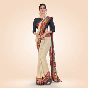 Beige and Black Women's Premium Manipuri Cotton Plain Gaala Border Catering Uniform Saree