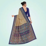 Beige and Navy Blue Women's Premium Manipuri Cotton Plain Gaala Border Showroom Uniform Saree