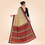 Beige and Navy Blue Women's Premium Manipuri Cotton Plain Gaala Border Housekeeping Uniform Saree