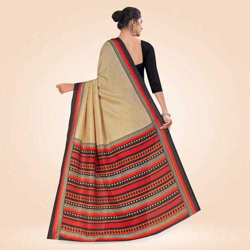Beige and Bottle Green Women's Premium Manipuri Cotton Plain Gaala Border Front Office Uniform Saree