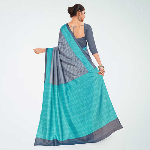 Grey and Turquoise Women's Premium Mulberry Silk Small Butty Hospital Uniform Saree