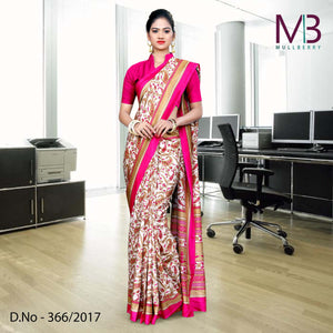 Cream With Pink Border Mulberry Silk Uniform Saree