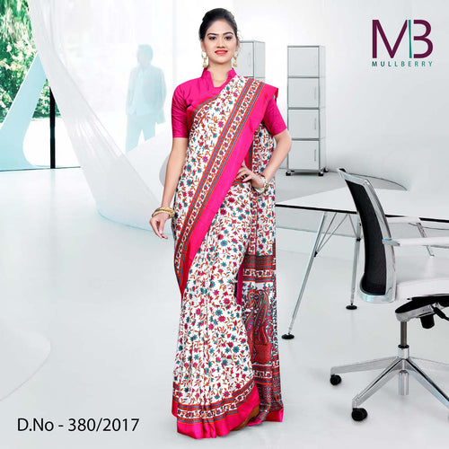 Blue, Cream And Pink Mulberry Silk Uniform Saree