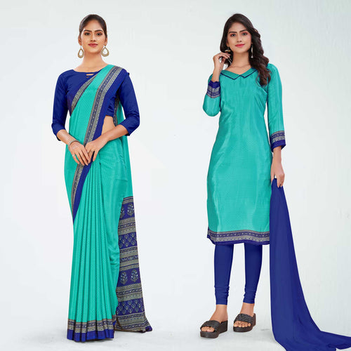 Turquoise and Navy Blue Women's Premium Italian Silk Discipline Day Hospital Uniform Saree Salwar Combo