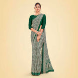 Bottle Green Women's Premium Italian Silk Ikat Print Air Hostess Uniform Saree