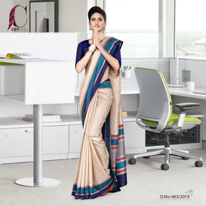 Beige And Navy Blue Tripura Cotton Corporate Uniform Saree