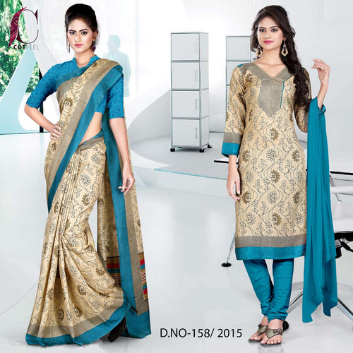 Beige and Peacock Blue Women's Premium Manipuri Cotton Ikat Print Nurse Uniform Saree Salwar Combo