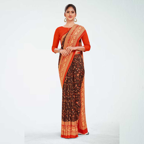Brown and Orange Women's Premium Italian Silk Floral Print Institution Uniform Saree