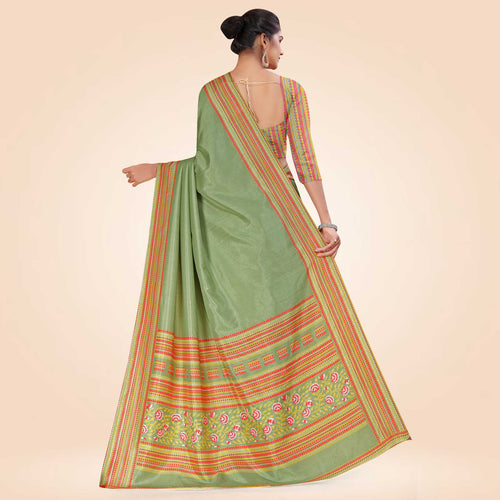 Pistachio Women's Premium Mulberry Silk Plain Gaala Border Teachers Uniform Saree