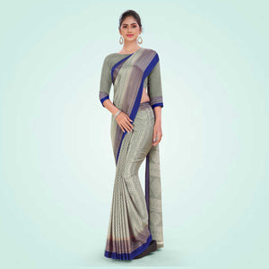 Grey and Navy Blue Women's Premium Silk Chiffon Small Butty Institution Uniform Saree