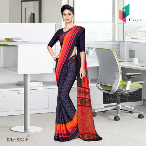 Grey And Black Italian Crepe Silk Showroom Uniform Saree