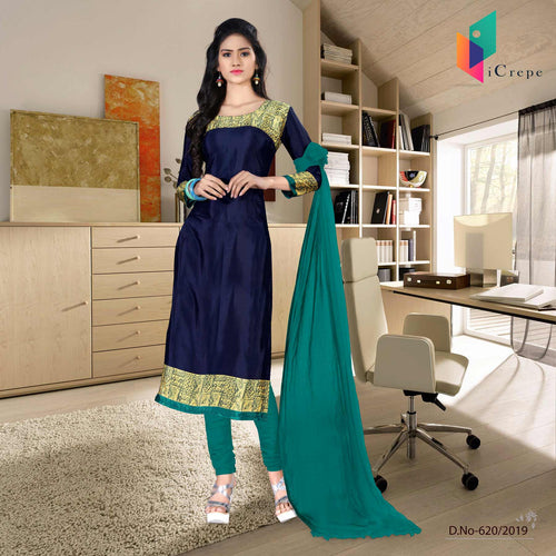 Dark Blue And Green Women's Premium Italian Crepe Silk Showroom Uniform Salwar Kameez
