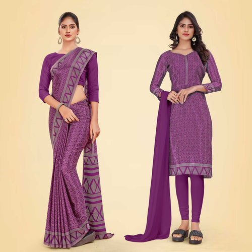 Cobalt Blue Women's Premium Silk Chiffon Ikat Print Women's Uniform Saree Salwar Combo