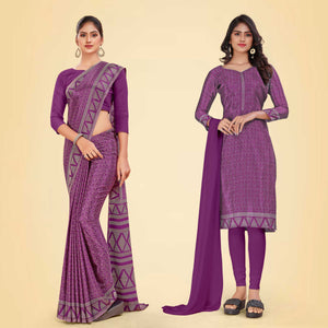 Purple Women's Premium Silk Chiffon Ikat Print Annual Function Uniform Saree Salwar Combo