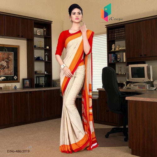 Off White And Red Italian Crepe Silk Staff Uniform Saree