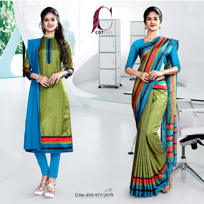 Green And Blue Fancy Corporate Uniform Saree Salwar Combo