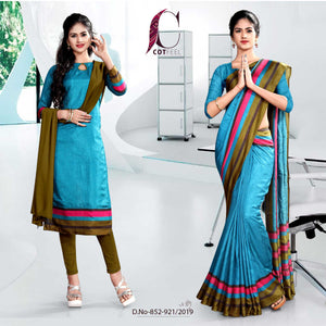 Green And Blue Fancy Corporate Uniform Saree Salwar Combo