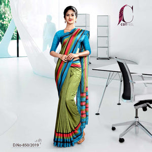 Green And Blue Tripura Cotton Hotel Uniform Saree