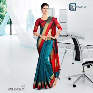 Green And Red With Pink Color  Craftly Cotton Corporate Uniform Saree