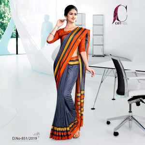 Grey And Orange Cotton Corporate Uniform Saree