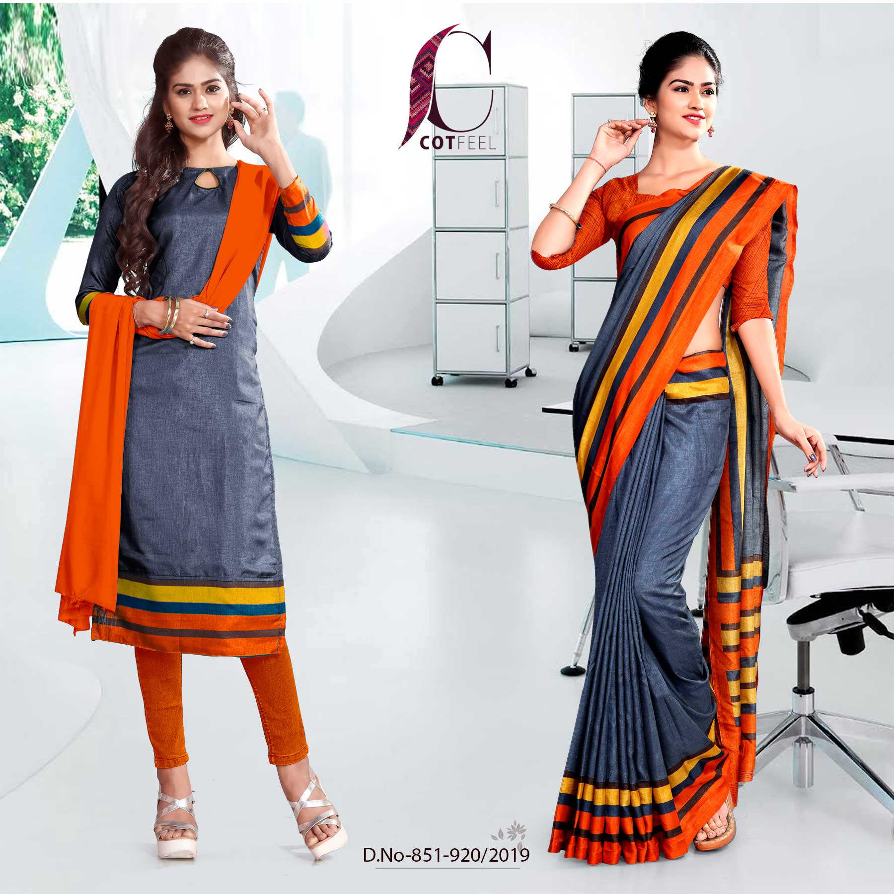 strapless open back dress Grey And Orange Fancy Corporate Uniform Saree Salwar Combo– Uniform Sarees