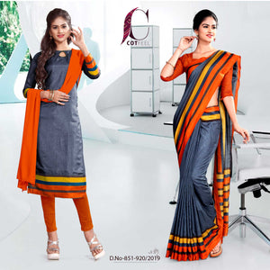 Grey And Orange  Fancy Corporate Uniform Saree Salwar Combo