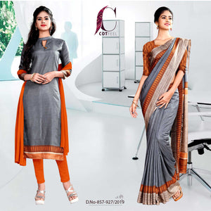 Grey And Ornge Fancy Corporate Uniform Saree Salwar Combo