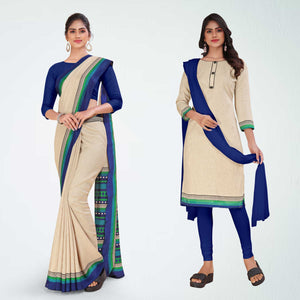 Beige and Navy Blue Women's Premium Manipuri Cotton Plain Gaala Border Housekeeping Uniform Saree Salwar Combo