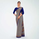 White and Navy Blue Women's Premium Italian Silk Paisley Print Teachers Uniform Sarees With Blouse Piece