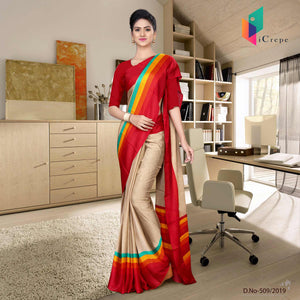 Brown And Red Italian Crepe Silk Air Hostess Uniform Saree