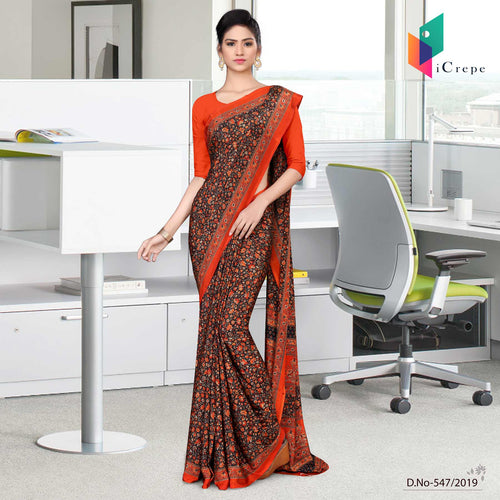 Brown And Orange Italian Crepe Silk Female Staff Uniform Saree
