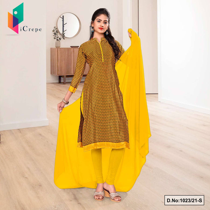 Gold Yellow Small Print Premium Italian Silk Crepe Chudidar For Institution Uniform Sarees