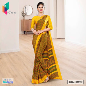 Gold Yellow Small Print Premium Italian Silk Crepe Saree For Institution Uniform Sarees