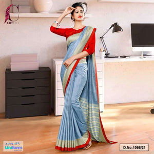 Gray Red Plain Border Premium Polycotton Cotfeel Saree For Workers Uniform Sarees