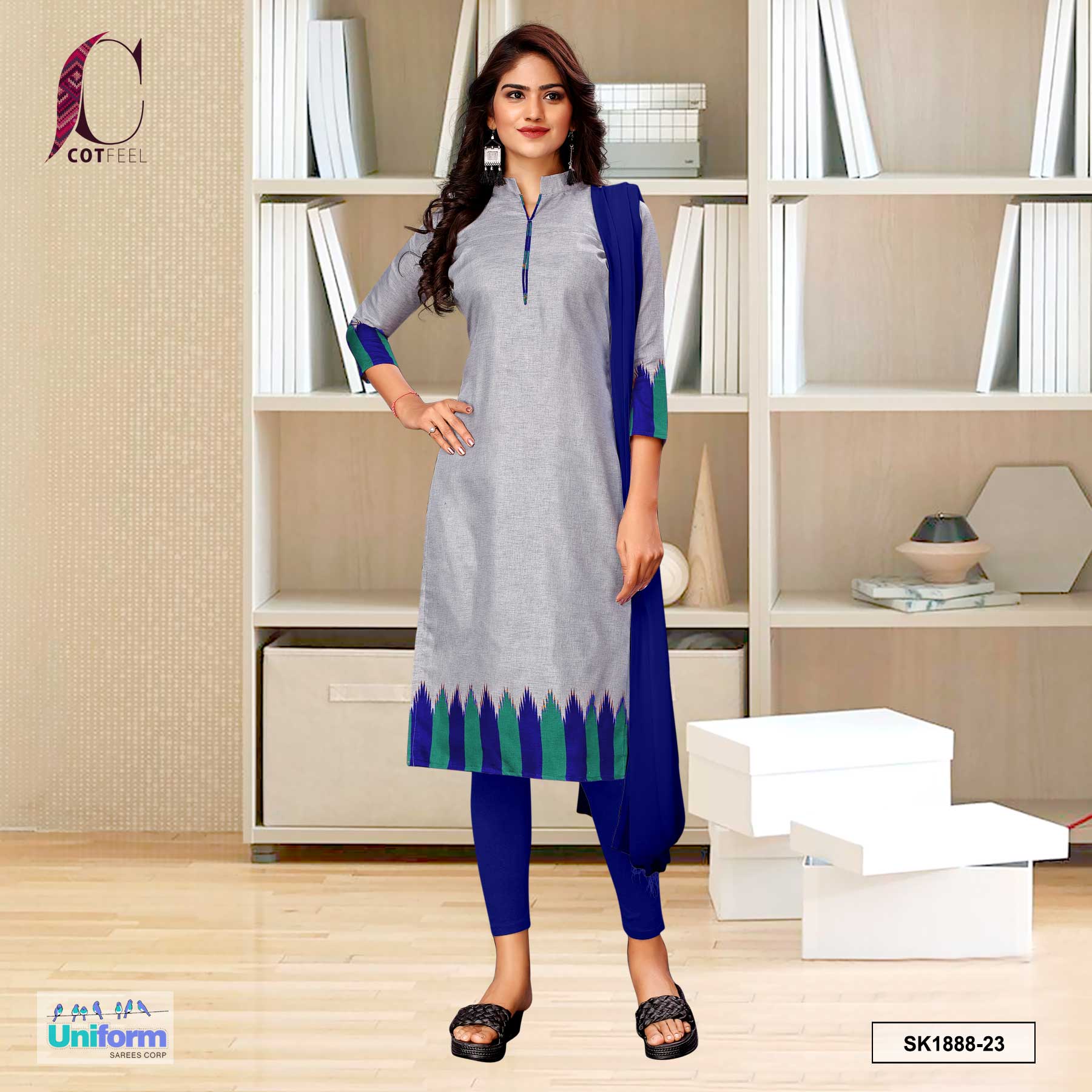Gray and Blue Women's Premium Manipuri Cotton Plain Border Uniform Sal ...