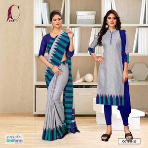 Gray and Blue Women's Premium Manipuri Cotton Plain Border Uniform Saree Salwar Combo for Office Staff