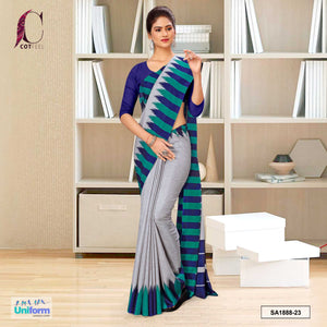 Gray and Blue Women's Premium Manipuri Cotton Plain Border Uniform Sarees With Blouse Piece for Office Staff