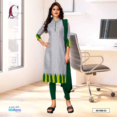 Gray and Green Women's Premium Manipuri Cotton Plain Border Uniform Salwar Kameez for Hospital